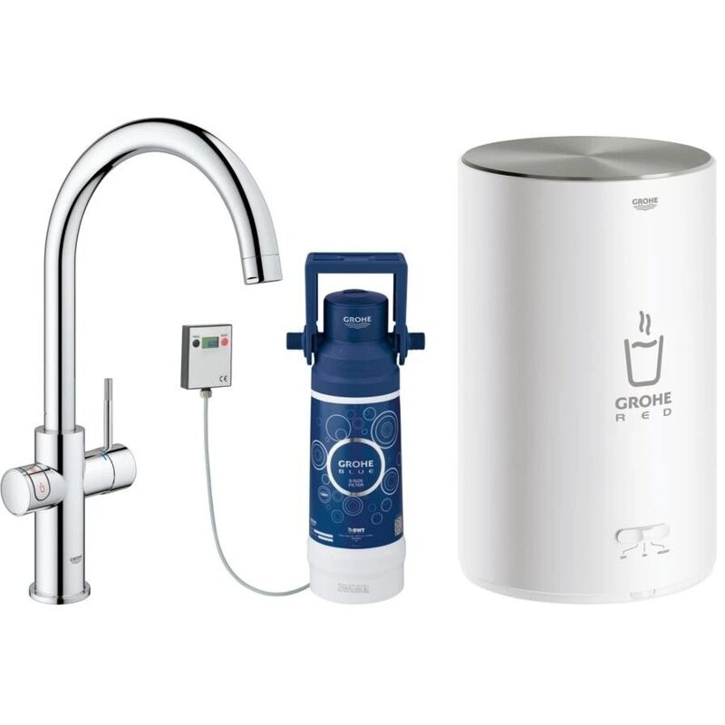 Mitigeur d’évier Grohe Red Duo, bec C chromé avec chauffe-eau M et filtre S-Size Starter Set