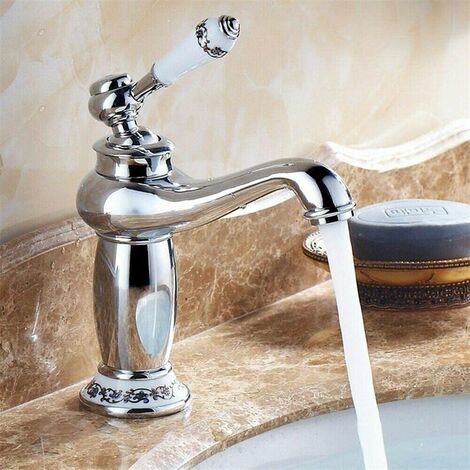 Robinet Rétro de Lavabo Évier en Laiton Céramique Robinet Antique Vintage Mitigeur Robinet d'Eau Froide/Chaude Remplacement Décoration pour Cuisine Salle de Bain Argent