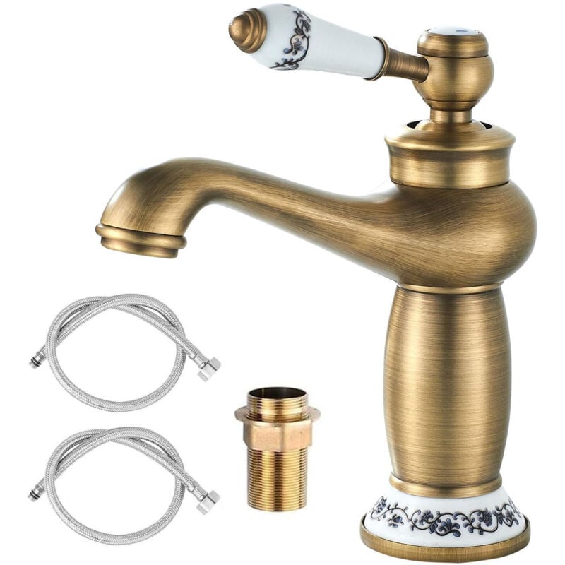 Fitags - Robinet Rétro Salle de Bain, Robinet de Lavabo Poignée en Céramique Mitigeur Monocommande Lavabo, Robinet Salle Bain Eau Chaude et Froide,