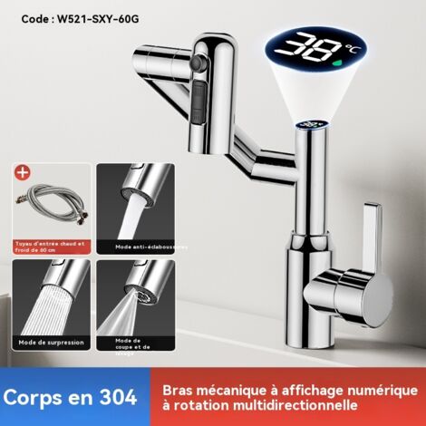 Robinet robotisé multidirectionnel à affichage numérique intelligent, trois modes de sortie d'eau, tuyau d'arrosage gratuit inclus, couleur argent.