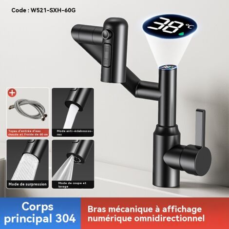 Robinet robotisé omnidirectionnel à affichage numérique intelligent, trois modes de sortie d'eau, tuyau d'arrosage gratuit inclus, noir.