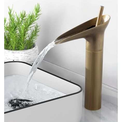 Robinet Salle Bain Bronze Antique, Robinet Lavabo de Cascade, Mitigeur Monocommande de Lavabo Haut Robinet de Salle de Bain avec Valve en Céramique