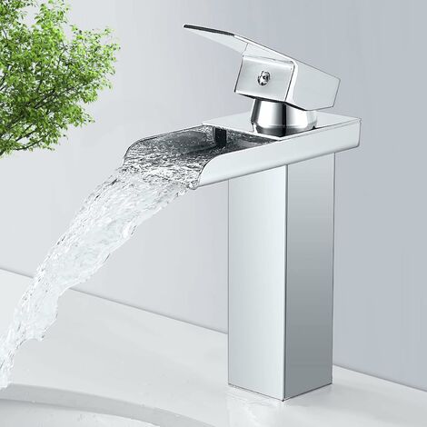 Robinet Salle Bain Cascade Chromé Mitigeur Lavabo en Laiton Moderne Carré Robinet Lavabo Bec Large Mitigeur Salle de Bain Robinet Lave Main Argent, eau Froide et Chaude，G3/8