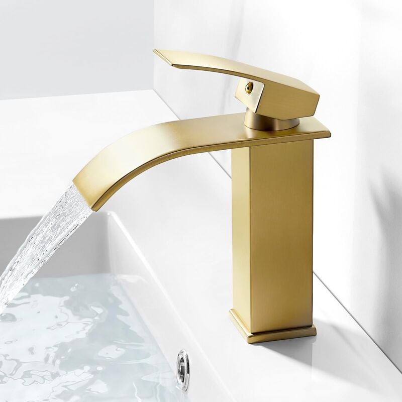 Beijiyi - Robinet Salle Bain Cascade Doré Brossé, Mitigeur Lavabo Salle de Bain en Laiton, Robinet Lavabo sans Tirette ni Vidage, Mitigeur en Laiton