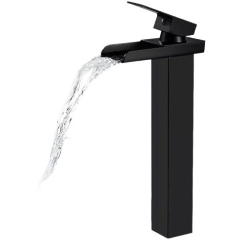 Robinet Salle Bain Cascade Noir Mat, Mitigeur Lavabo Cascade Haut, Robinet Lavabo avec bec Hauteur, Robinetterie Vasque à Poser Carré en Laiton, Eau Froide & Chaude Disponible