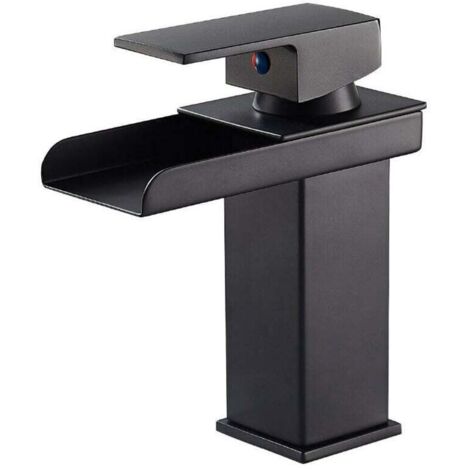 Robinet Salle Bain Cascade Noir Mat, Mitigeur Lavabo Robinet Lavabo en Laiton avec Eau Froide & Chaude Disponible, Valve en Céramique, Robinet Salle de Bain Design Cascade Concave, G 3/8