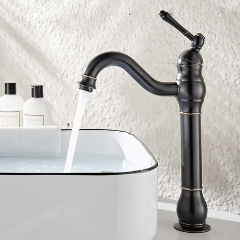 Robinet Salle Bain Haut Peut pivoter à 360 °Mitigeur Lavabo，RéTro Classique Robinet Salle de Bain Robinet Lavabo en Laiton,Noir