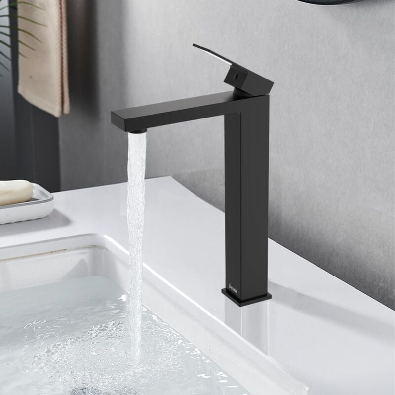 Robinet Salle Bain Noir Haut,Robinet Lavabo Hauteur de bec 250 mm,Mitigeur Haut Salle de Bain,Acier Inoxydable,Levier Unique,Mousseur Remplaçable