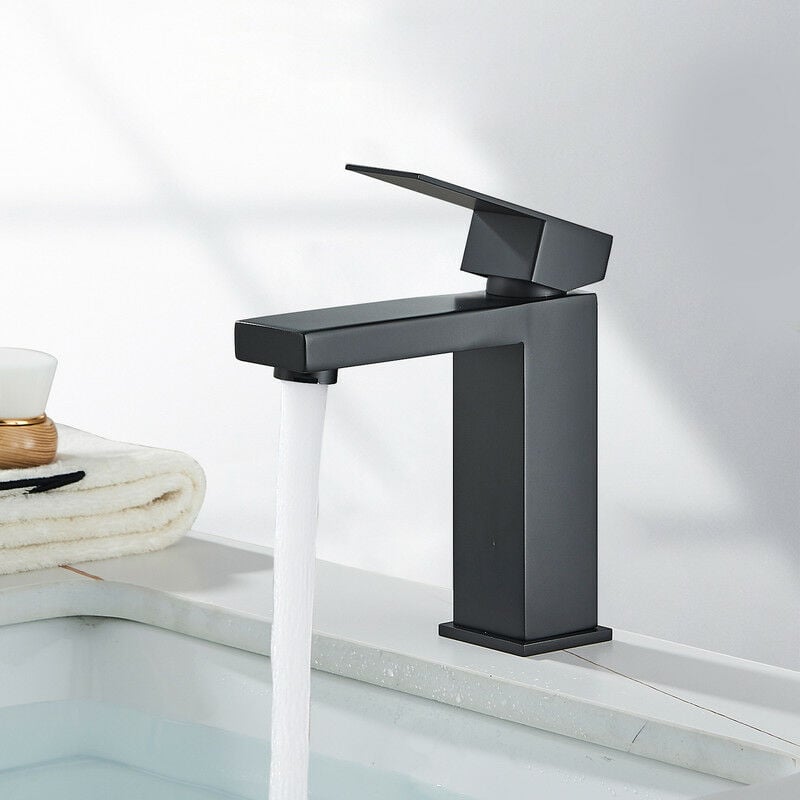 Suguword - Robinet Salle Bain Noir, Mitigeur Lavabo en Alliage avec L'eau Froide et Chaude Disponible, Robinet Lavabo avec Deux Tuyaux, pour Les