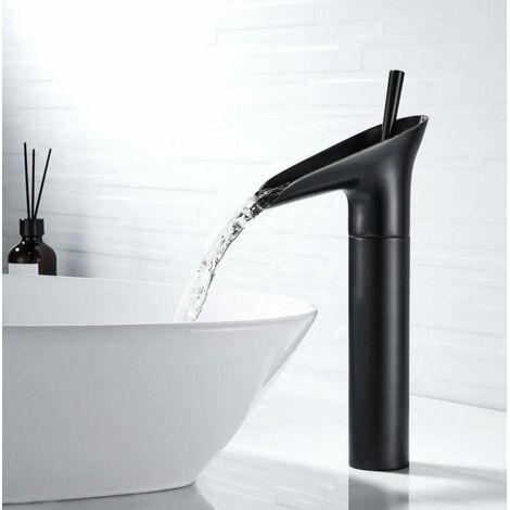 Robinet Salle Bain Noir, Robinet Cascade Mitigeur Lavabo Noir Rétro à Levier Unique Robinet Lavabo, Laiton Comptoir Haute Robinet Salle de Bain Robinet Lave Main Robinet Evier Vasque