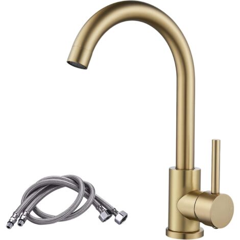 Robinet Salle Bain, Robinet Lavabo Pivotant à 360°, Mitigeur Lavabo à Bec Haut, Robinet pour Salle de Bain ou Petite Cuisine, Doré Brossé