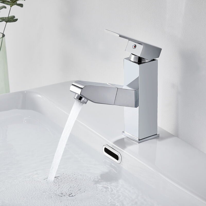Auralum - Robinet Salle de Bain avec Douchette Extractible Robinet Lavabo en Laiton Chromé Mitigeur de Lavabo Eau Froide et Chaude Robinetterie pour
