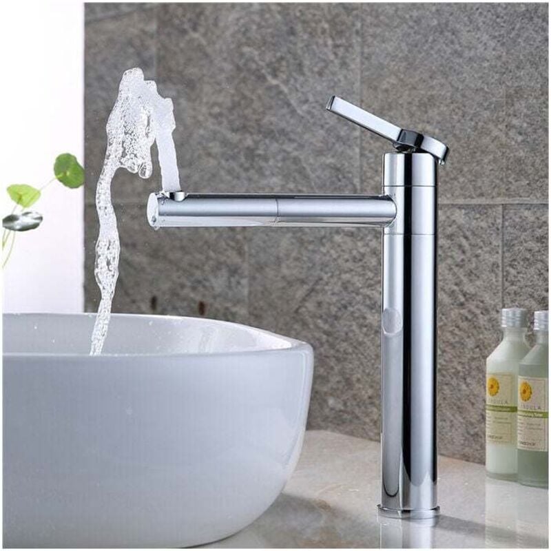 Robinet Salle de Bain Bec Haut Mitigeur Lavabo Pivotant 360° pour Vasque Robinet de Lavabo en Laiton Chrome-robinet lavabo vasque