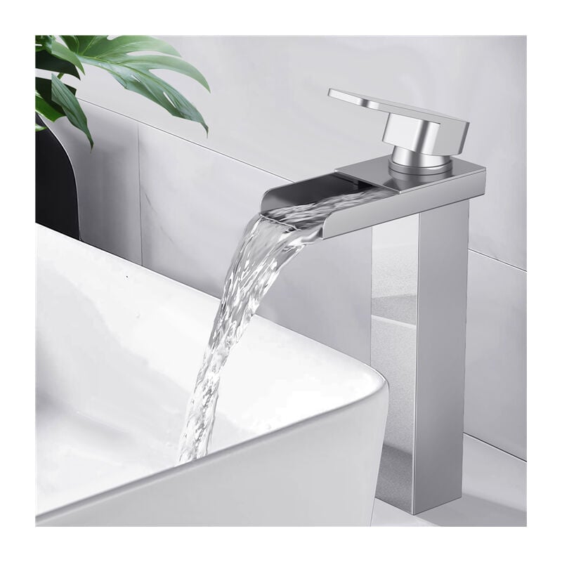 Robinet Salle de Bain Cascade Haut Mitigeur pour Vasque Chromé Robinet Design Moderne Corps en Acier Inox