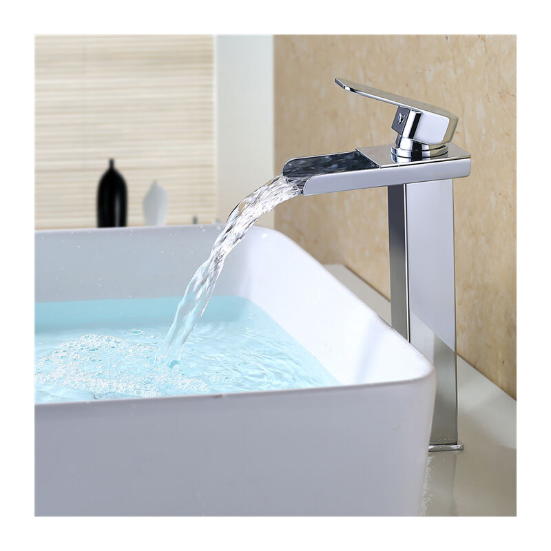 Robinet Salle de Bain Cascade Mitigeur de Lavabo Bec Haut pour Vasque Robinet Lavabo Corps en Acier Inox Chromé Design Moderne