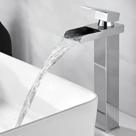 Robinet Salle de Bain Cascade Mitigeur de Lavabo Bec Haut pour Vasque Robinet Lavabo Corps en Acier Inox Chromé Design Moderne