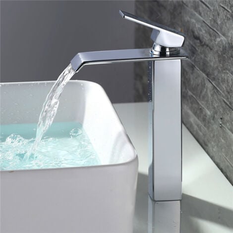 Robinet Salle de Bain Cascade Mitigeur de Lavabo Bec Haut Robinetterie de Lavabo pour Vasque Chromé Design Moderne
