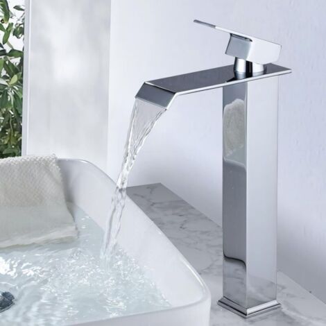 Robinet Salle de Bain Cascade Mitigeur de Lavabo Bec Haut Robinetterie pour Vasque Chromé Design Moderne