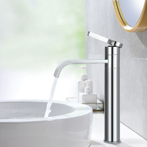Robinet Salle de Bain Cascade Mitigeur de Lavabo Haut Bec Pivotant Robinetterie pour Vasque en Laiton Chromé Design Moderne pour Salle de Bain