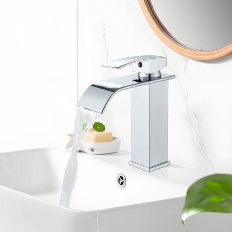Robinet Salle de Bain Cascade Mitigeur de Lavabo Robinet de Lavabo Monotrou à Deux Voies Design Moderne Chrome