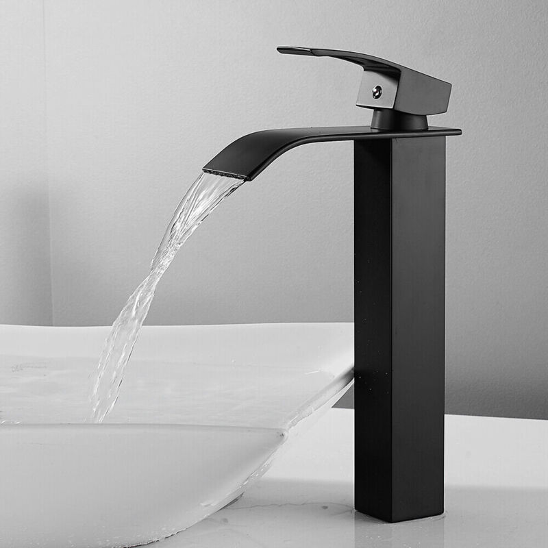 Robinet Salle de Bain Cascade, Moderne Robinet Lavabo Noir Cascade Haut, Mitigeur Lavabo Cascade avec bec Hauteur 300 mm, Robinetterie Carré en