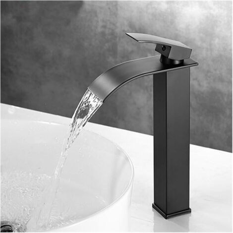 Robinet Salle de Bain Cascade, Moderne Robinet Lavabo Noir Haut Cascade, Mitigeur Lavabo avec Bec Hauteur 232 mm, Robinetterie Carré en Laiton Eau Chaude et Froide Disponible G 3/8