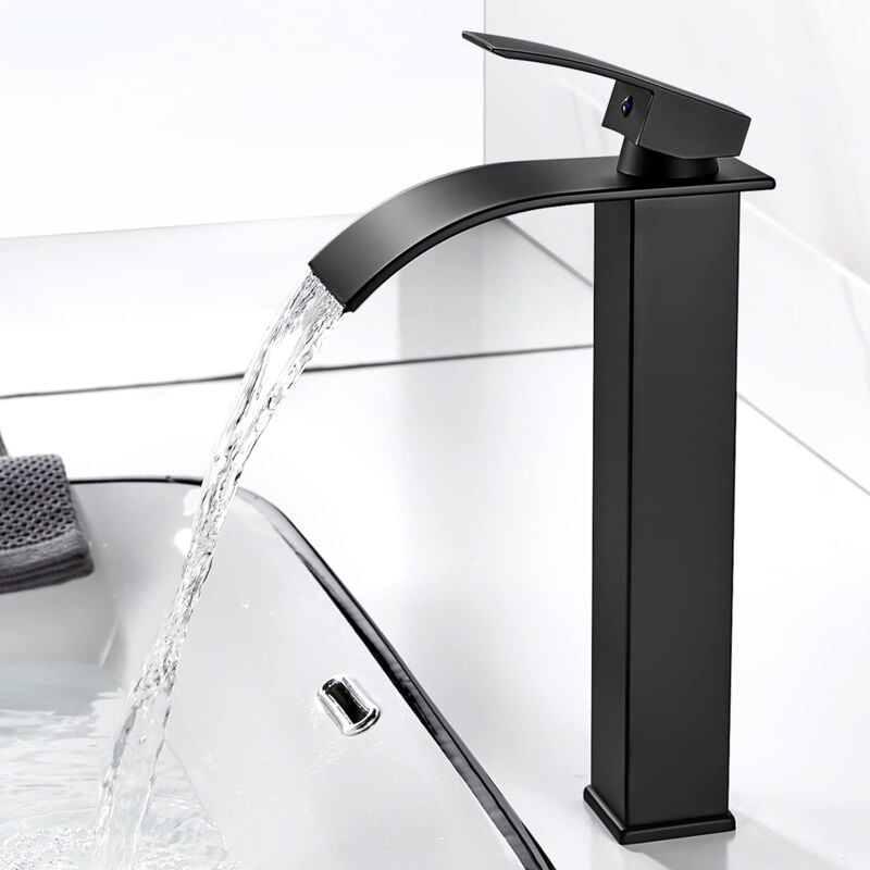 Beijiyi - Robinet Salle de Bain Cascade, Moderne Robinet Lavabo Noir, Mitigeur Lavabo avec bec Hauteur 237 mm, Robinetterie Carré en Laiton Eau