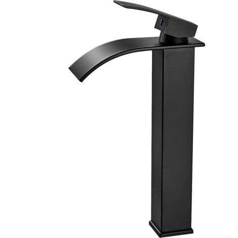 Robinet Salle de Bain Cascade Noir, Moderne Robinet Lavabo Noir Haut Cascade, Mitigeur Lavabo avec Bec Hauteur 232 mm, Robinetterie Carré en Laiton Eau Chaude et Froide Disponible G 3/8