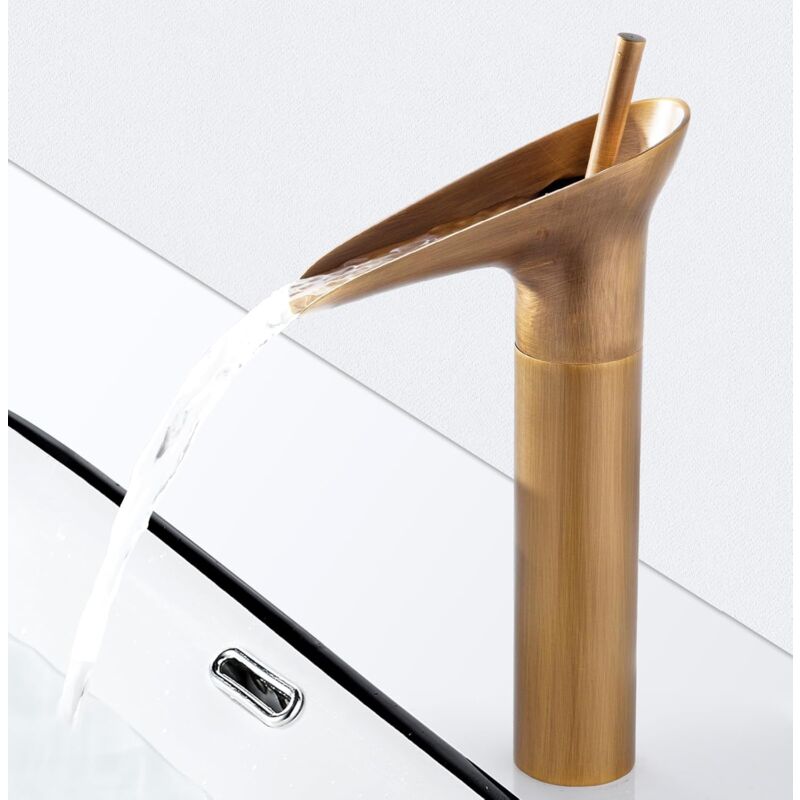 Rqiurpn - Robinet Salle de Bain Cascade Rétro Laiton, Robinet Lavabo Vasque Cascade Haut avec bec Hauteur 200 mm, Antique Mitigeur Salle de Bain,