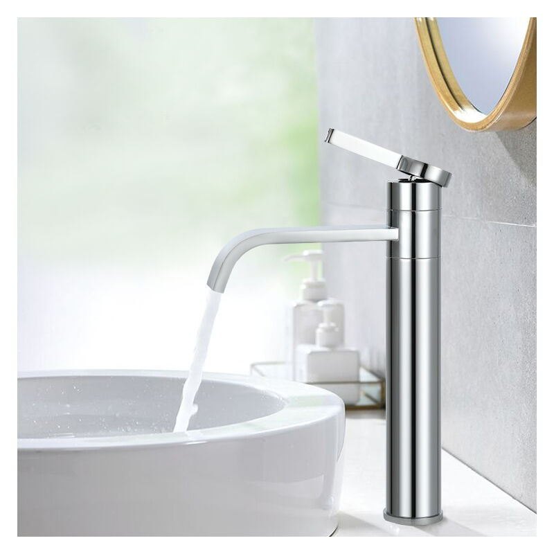 Robinet Salle de Bain Cascade Mitigeur de Lavabo Haut Bec Pivotant Robinetterie pour Vasque en Laiton Chromé Design Moderne pour Salle de Bain