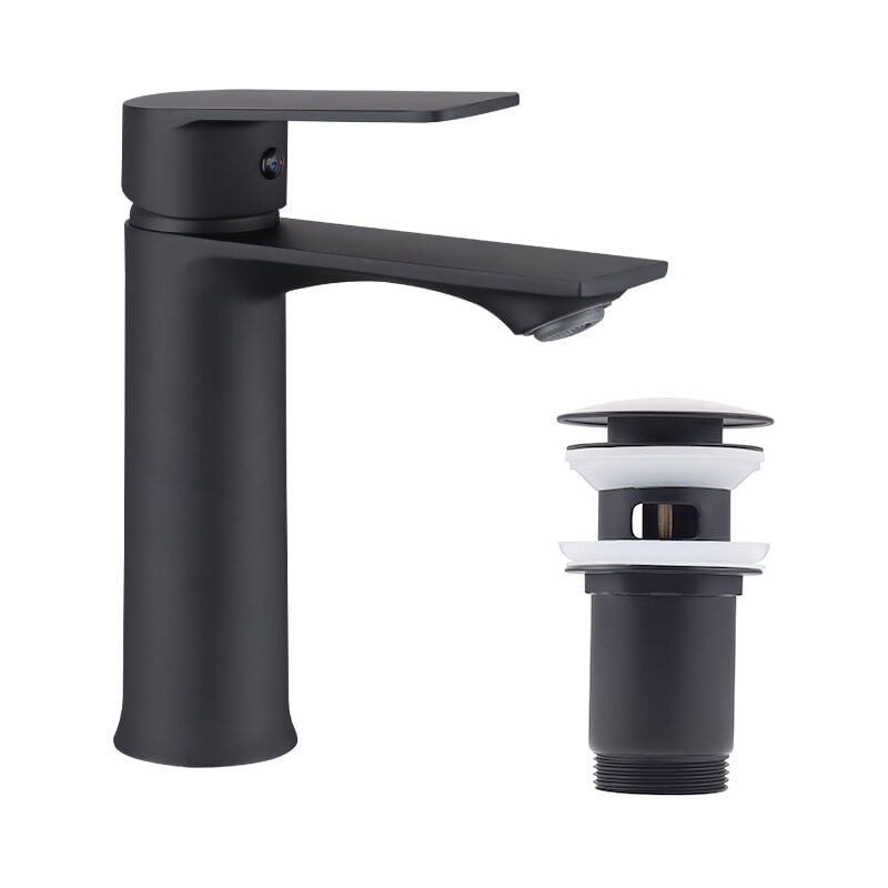 Set Robinet Salle de Bain Noir et Bonde Pop-up avec Trop-plein Automatique Robinet de Lavabo avec Bonde de Lavabo