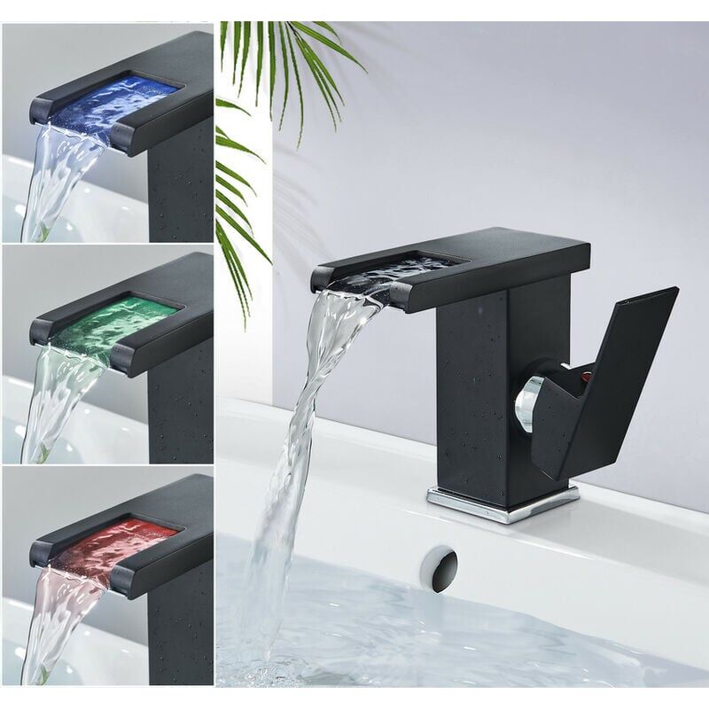 Robinet Salle de Bain Design Moderne de Cascade Robinet Lavabo Noir LED Durable Eau Chaude et Froide Réglable
