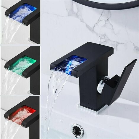 Robinet Salle de Bain Design Moderne de Cascade Robinet Lavabo Noir LED Durable Eau Chaude et Froide Réglable