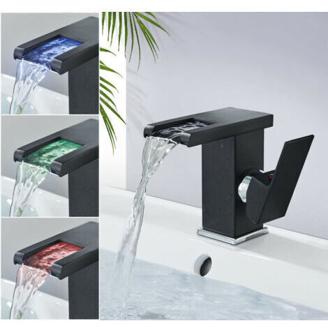 Robinet Salle de Bain Design Moderne de Cascade Robinet Lavabo Noir LED Durable Eau Chaude et Froide Réglable