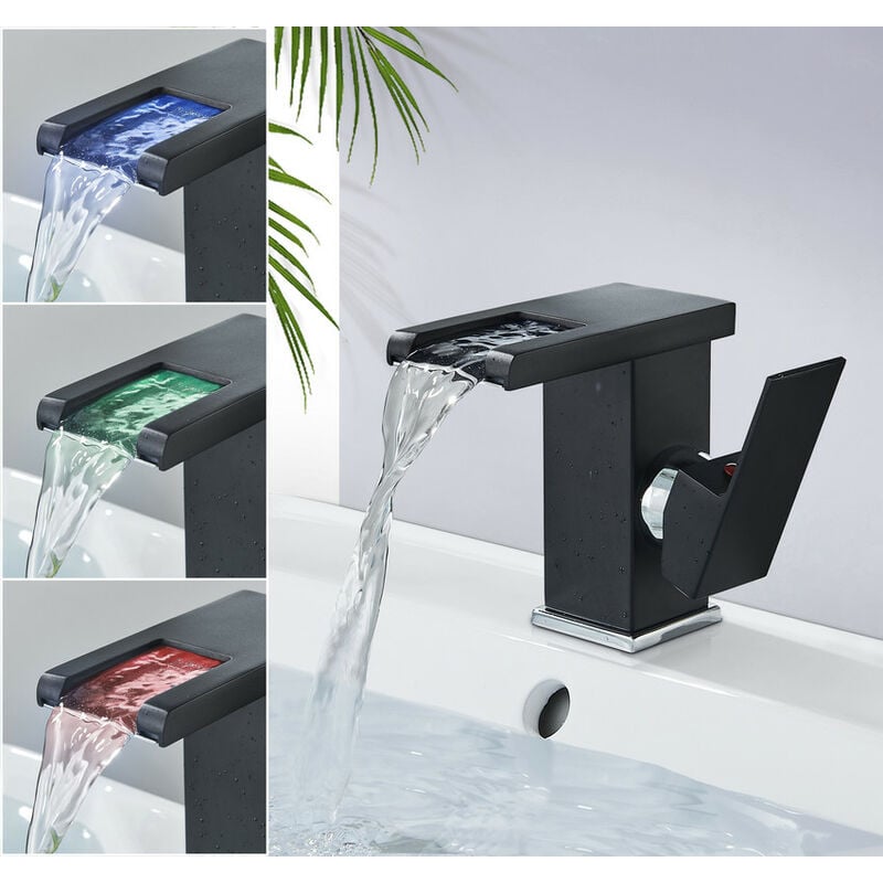 Robinet Salle de Bain Design Moderne de Cascade Robinet Lavabo Noir LED Durable Eau Chaude et Froide Réglable
