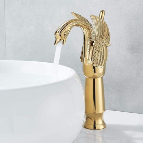 Robinet Salle de Bain en Laiton Mitigeur Doré pour Vasque, Design Elégant Robinet Lavabo Robinettrie de Lavabo Haut avec Eau Chaude et Froide Disponible