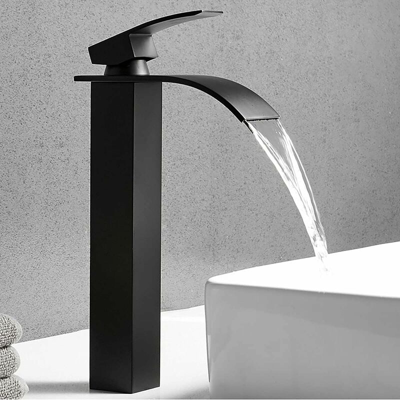 Mitigeur de Lavabo - Monotrou pour Bassin - Chaud et Froid - Acier Inoxydable Durable - Noir Mat
