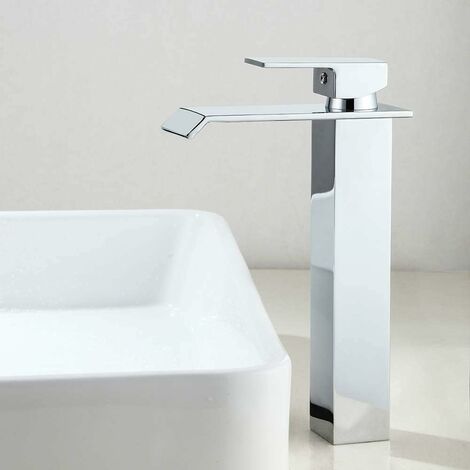 Robinet Salle de Bain, Haut Cascade de Mitigeur Lavabo, Style Moderne Désign en Aplati Rectangulaire Robinet pour Vasque, Valve en Céramique Épargnant D'eau, Laiton Chromé.