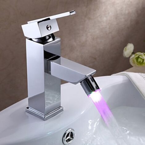 Robinet salle de bain LED à changement de couleur finition chromée muni d'une poignée