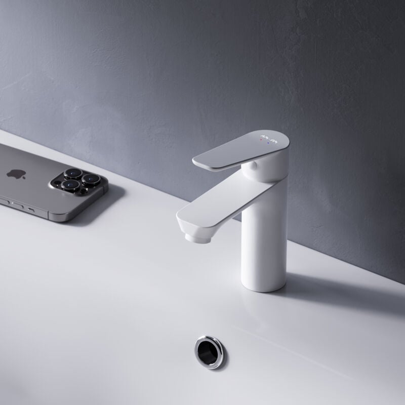 Am.pm - Mitiguer Lavabo avec bonde clic clac pour lavabo Robinet Salle Bain Blanc Robinet de Lavabo pour Salle de Bain Mélangeur Lavabo en Laiton
