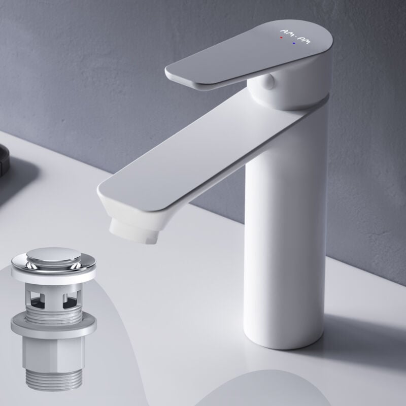 Am.pm - Mitiguer Lavabo avec bonde clic clac pour lavabo Robinet Salle Bain Blanc Robinet de Lavabo pour Salle de Bain Mélangeur Lavabo en Laiton