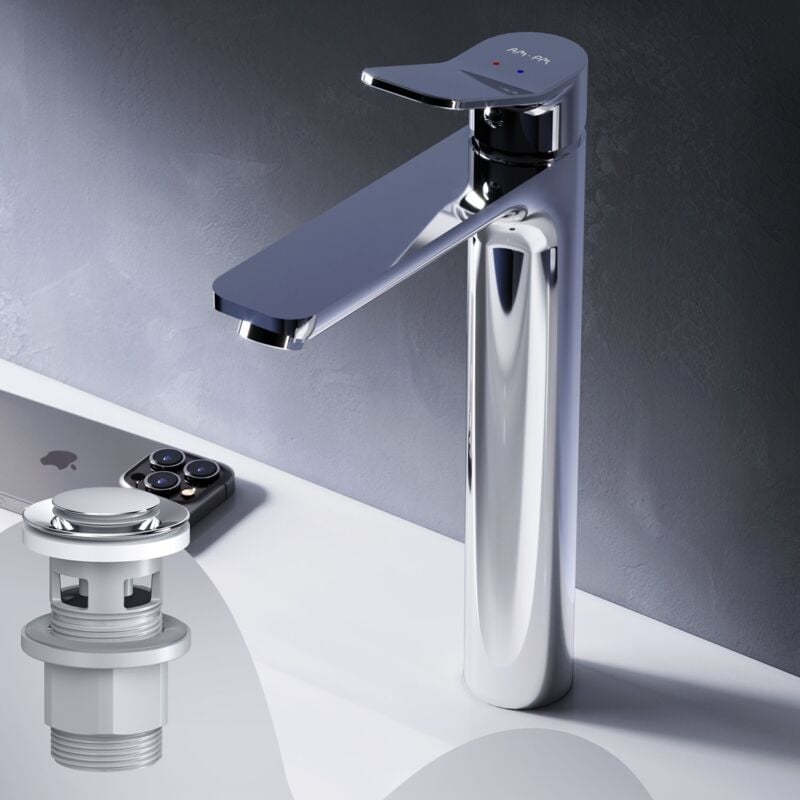 Am.pm - Haut Mitiguer Lavabo avec bonde clic clac pour lavabo Robinet Salle Bain Chrome Robinet de Lavabo pour Salle de Bain Mélangeur Lavabo en