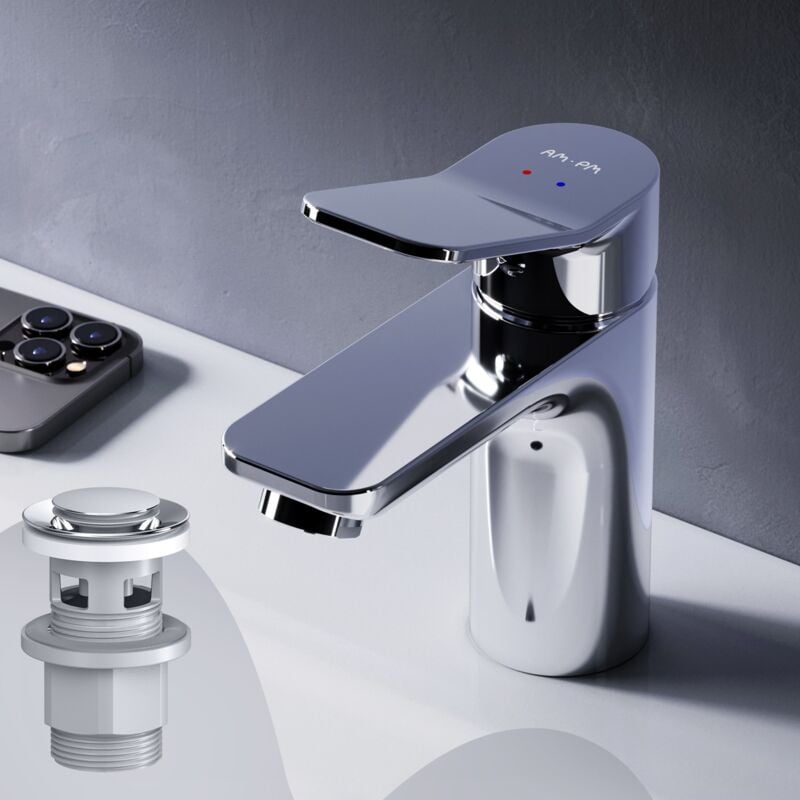 Am.pm - Mitiguer Lavabo avec bonde clic clac pour lavabo Robinet Salle Bain Chrome Robinet de Lavabo pour Salle de Bain Mélangeur Lavabo en Laiton