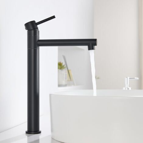 Robinet Salle de Bain, Mitigeur Lavabo Haut pour Vasque Pivotant à 360°, Mitigeur Vasque à Poser, Robinet Lave Main Acier Inox, Chaud et Froid Réglable, Noir Mat