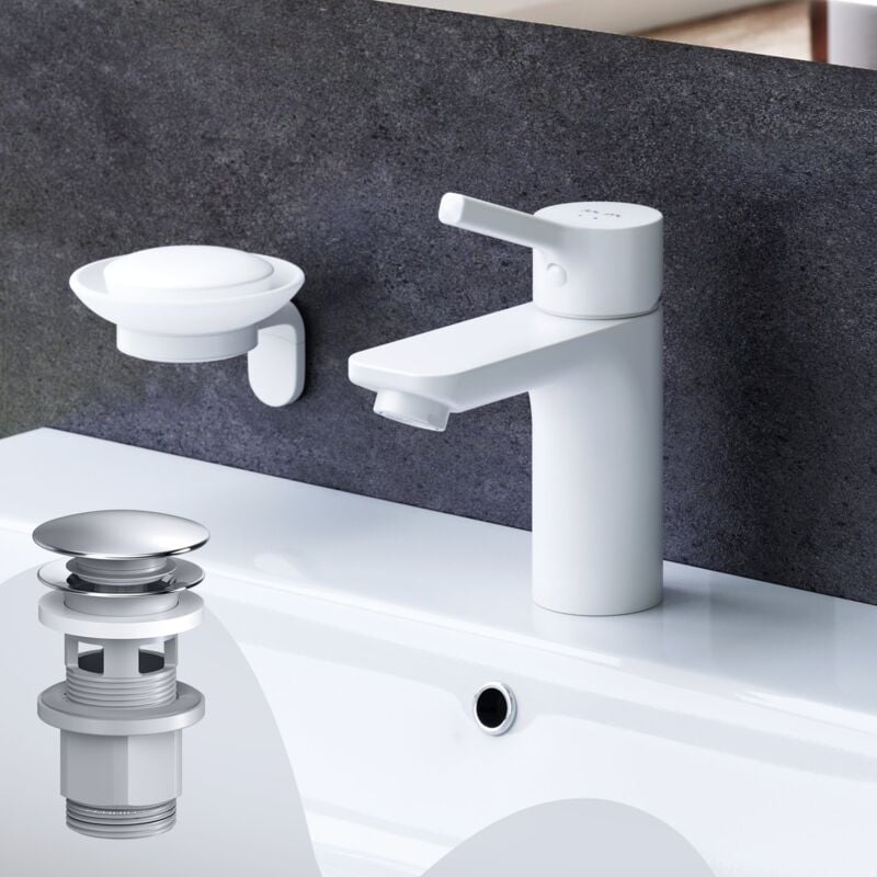 Am.pm - Mitiguer Lavabo avec bonde clic clac pour lavabo Robinet Salle Bain Blanc Robinet de Lavabo pour Salle de Bain Mélangeur Lavabo en Laiton