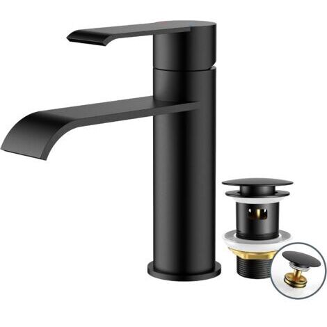 Robinet Salle De Bain Noir Mat Avec Bonde, Mitigeur Lavabo Monocommande, Robinet Lavabo Cascade-Hauteur De Bec 98MM, Armature Moderne Économe En Eau