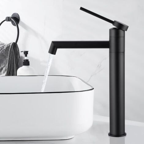Robinet salle de bain noir mat, mitigeur lavabo haut 360°, robinet vasque à poser, bec 21 cm, acier inoxydable, design moderne