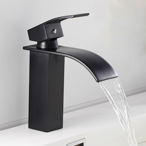 Robinet Salle de Bain Noir, Mitigeur Lavabo Cascade pour Avec une Hauteur de Bec de 120 MM,Mitigeur Lavabo Salle de Bain en Laiton Design Elégant,  Économiseur D'eau et D'énergie.