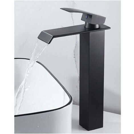 Robinet Salle de Bain Noir Mitigeur Lavabo Haut Grand,Design Créatif Moderne Robinet de Lavabo Monotrou,Laiton Pure,Noir Mat - RWMitigeur de lavabo