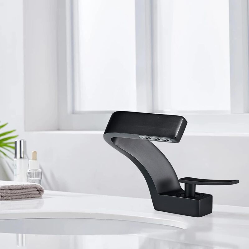 Suguword - Robinet salle de bain noir, Robinet lavabo moderne cascade, Mitigeur eau chaude et froide, Mitigeur lavabo laiton pour salle de bain